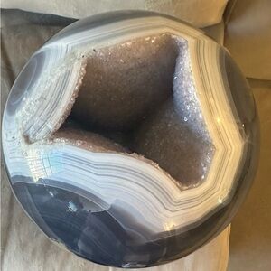 Polished Geode Sphere with Sparkling Crystal Interior - Gray & White